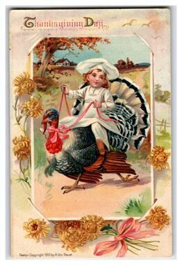 1910 Thanksgiving Postcard Child Chef Riding Turkey Embossed German Print